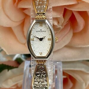 Anne Klein Two-Tone Tonneau Case Bracelet Watch Textured Dial Roman Numerals